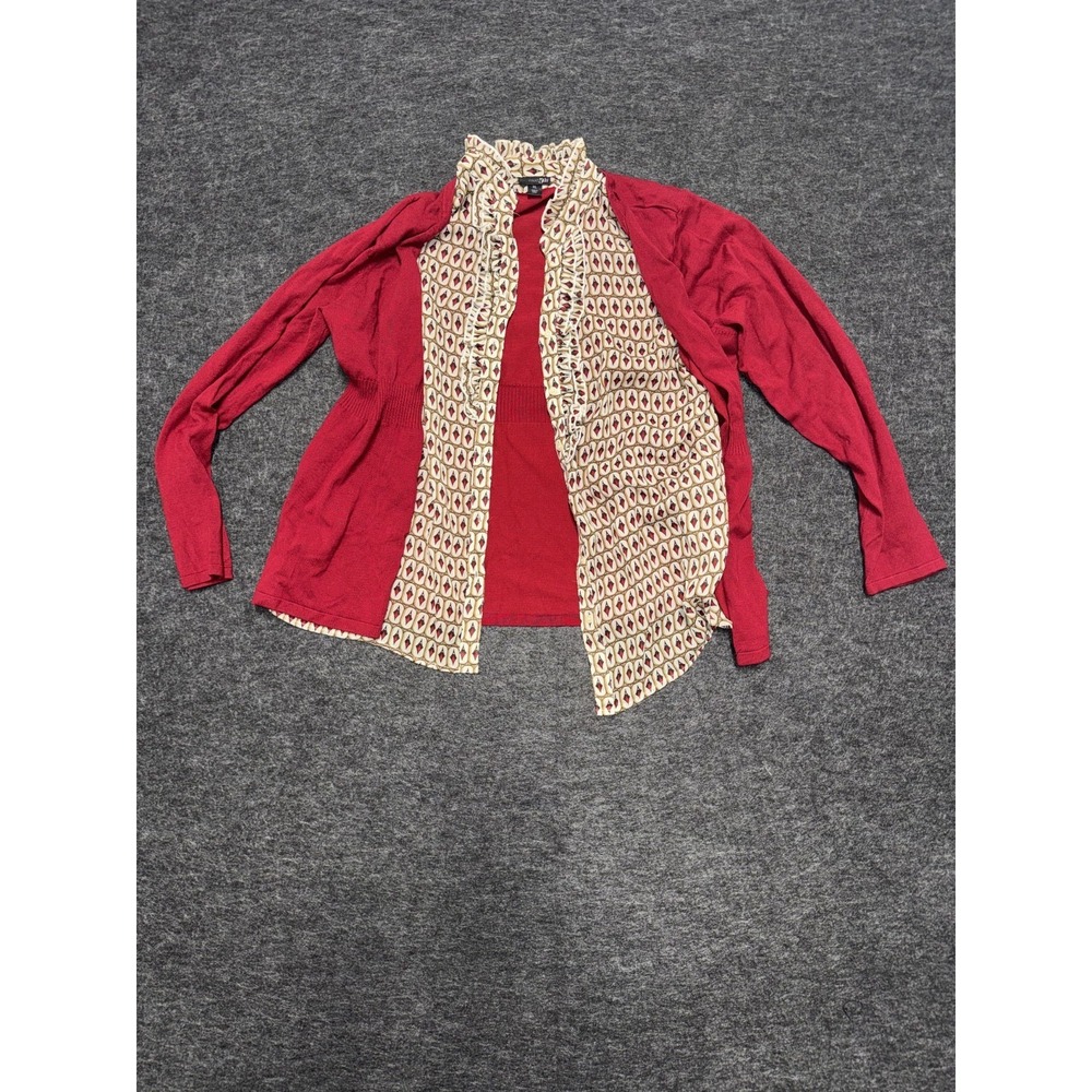 East5th Cardigan Sweater‎ Womens XL Red Geometric Print Tight Knit Open Front